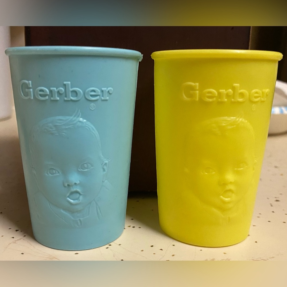 1950 Gerber plastic cups, 3 1/2” tall
Blue and yellow